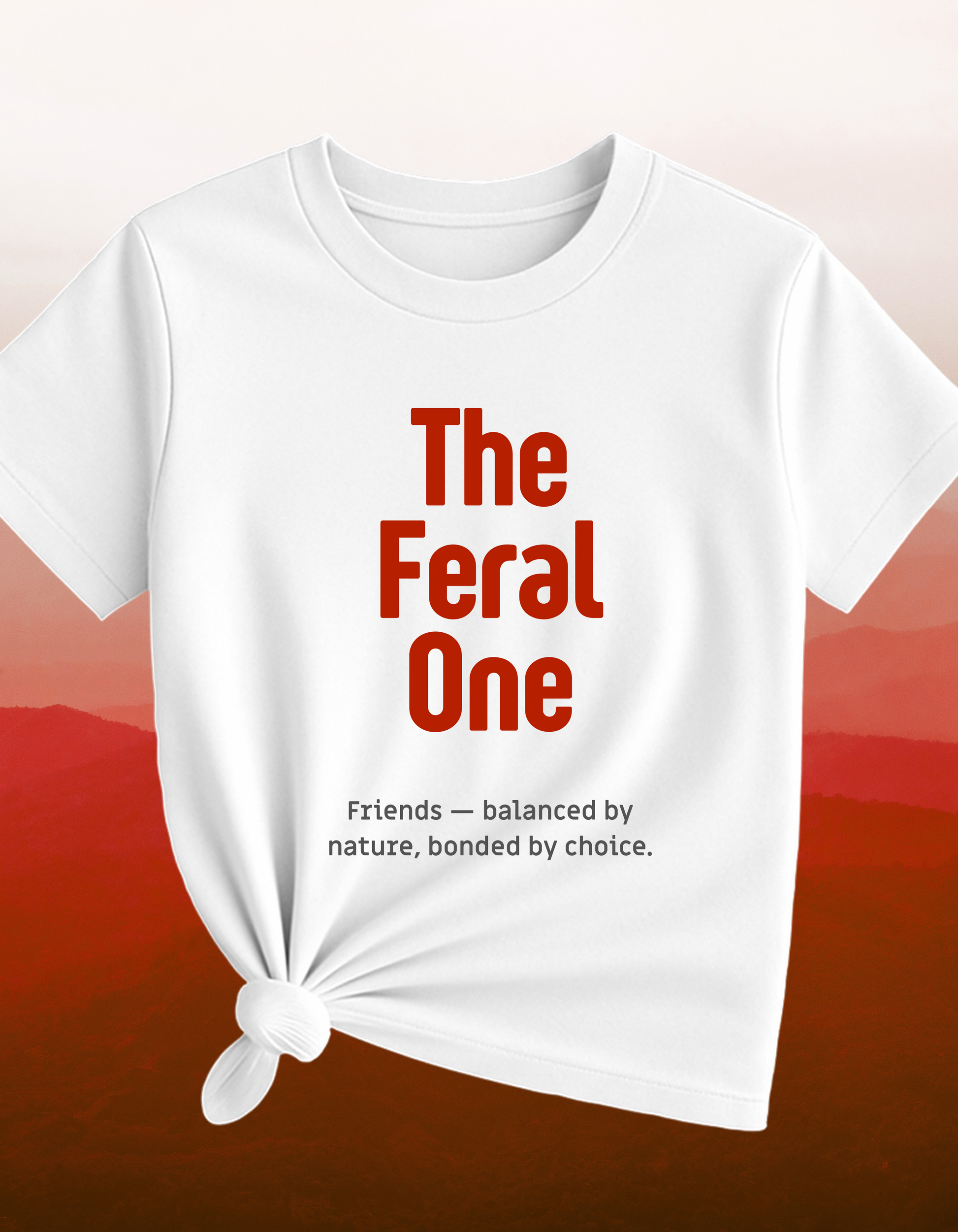 White t-shirt with 'The Feral One' text on a red and orange gradient background